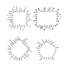 Hand drawn decorative starburst frame set. Outline shining star with geometric frames and copy space. Minimal explosion firework. Contour line sketch radial sunbeams. Vector isolated template