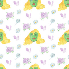 Watercolor Seamless Pattern with Magic Frogs on white isolated background doodle style.Pets,halloween print  hand drawn.Designs for wrapping paper,fabric,scrapbook paper,textiles,packaging,wallpaper.