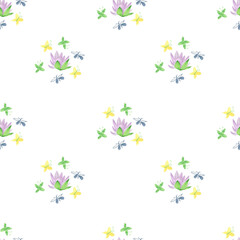Watercolor Seamless Pattern with Magic Flowers on isolated background doodle style.Pets,halloween print  hand drawn.Designs for wrapping paper,fabric,scrapbook paper,textiles,packaging,wallpaper.