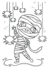 Coloring page with mummy and spiders, hand-drawn vector illustration.