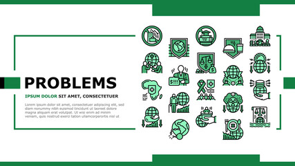 Social Public Problems Worldwide Landing Web Page Header Banner Template Vector. Children And Ageing Human Social Problems, Democracy And Decolonization, Atomic Energy And Development Illustration