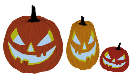 Drei Halloween Kürbisse als Illustration: geschnitze Kürbisköpfe mit Monstergesichtern.