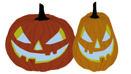 Zwei Halloween Kürbis nebeneinander als Illustration: geschnitze Kürbisköpfe mit Monstergesicht.