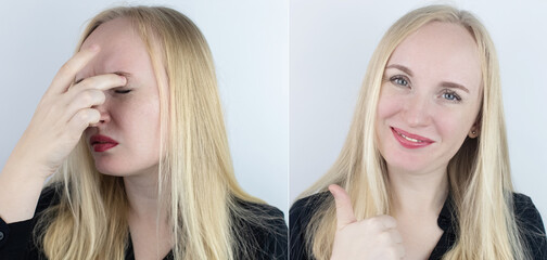 Before and after. On the left the woman indicates eyes pain, and on the right, indicates that eyes no longer hurts. Medical care assistance concept in the treatment of conjunctivitis and eye fatigue