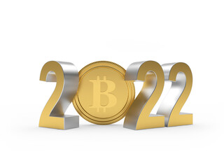 Golden number 2022 with bitcoin isolated on white background. 3D illustration 