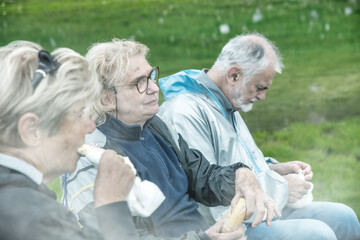 Elderly people relaxing at the end of a mountain hike, eating sandwiches on the grass.