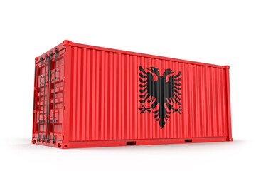Realistic shipping cargo container textured with Flag of Albania. Isolated. 3D Rendering