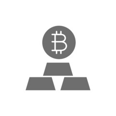 Gold bars with bitcoin, cryptocurrency grey icon.