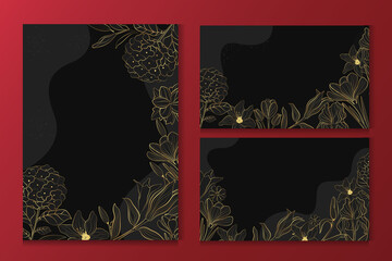 Vector greeting cards with gold flowers in line art style on a red background.