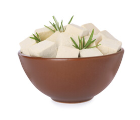 Bowl with delicious tofu and rosemary isolated on white
