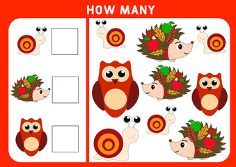 Counting Game for Preschool Children. Educational a mathematical game. Subtraction worksheets. How many objects task. Learning mathematics, numbers, addition theme