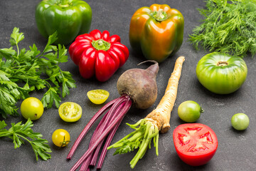 Parsley root, beets and tomatoes. Dill and parsley sprigs.