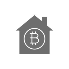 House with bitcoin coin, cryptocurrency protection grey icon.