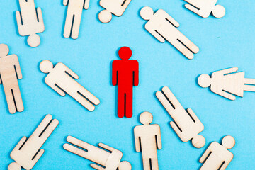 Leadership and social distancing with wooden people figure or Team of working business