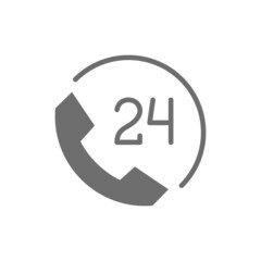 Round clock hotline, 24 hours service, help time grey icon.
