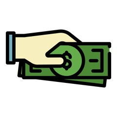 Cash money in hand icon. Outline cash money in hand vector icon color flat isolated