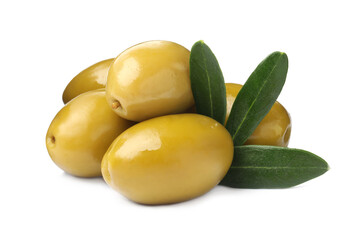 Olives with green leaves on white background