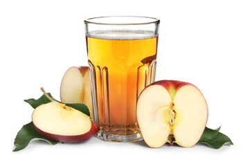 Delicious cider in glass near pieces of ripe apple on white background