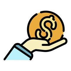 Dollar coin in hand icon. Outline dollar coin in hand vector icon color flat isolated