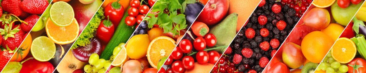 Different useful fruits and vegetables background. skinali. Wide photo.