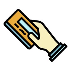 Man pay with credit card icon. Outline man pay with credit card vector icon color flat isolated