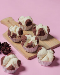 Steamed cake or steamed chocolate cake. This cake has a soft and sweet texture. Indonesian cake. Market snacks. Steamed cakes can be a substitute for bread for breakfast. Snack mockup. Focus blur.