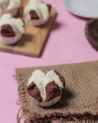 Steamed cake or steamed chocolate cake. This cake has a soft and sweet texture. Indonesian cake. Market snacks. Steamed cakes can be a substitute for bread for breakfast. Snack mockup. Focus blur.