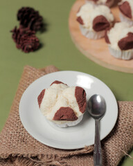 Steamed cake or steamed chocolate cake. This cake has a soft and sweet texture. Indonesian cake. Market snacks. Steamed cakes can be a substitute for bread for breakfast. Snack mockup. Focus blur.