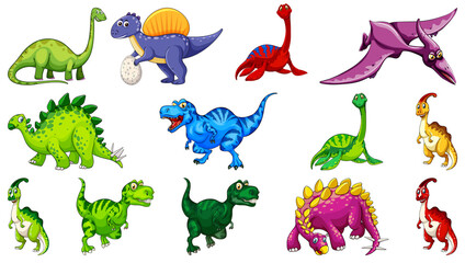 Different dinosaurs cartoon character and fantasy dragons isolated