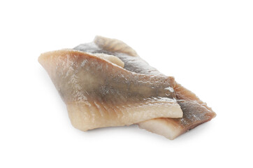 Delicious salted herring fillets on white background