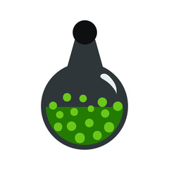 Flat vector bottle with potion. Green potion with bubbles. Witch bottle.
