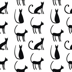 Black cat vector seamless pattern. Halloween decor, wrapping paper, textile. Cats isolated on white background.