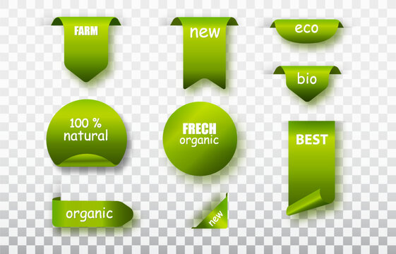 Green label tags vector collection. Organic food labels isolated . Fresh eco vegetarian products, vegan label and healthy foods badges.