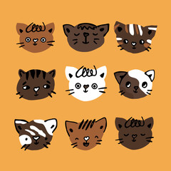 Set of cute kittens and cats, only heads portraits. Vector hand drawn illustration of isolated elements for childish design