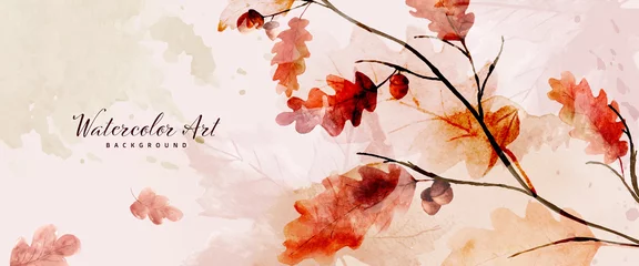Poster Watercolor autumn abstract background with oak and seasonal leaves © Artnizu