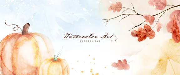 Poster Watercolor autumn abstract background with pumpkin and seasonal leaves © Artnizu