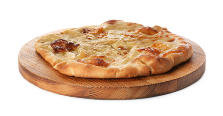 Delicious khachapuri with cheese on white background