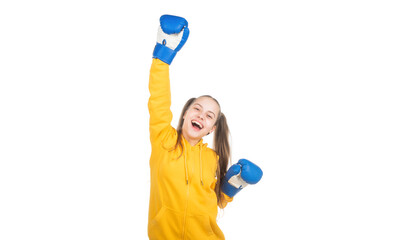happy child boxer in boxing gloves celebrating victory in fight isolated on white, sport success
