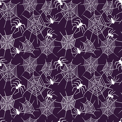 Spiders web seamless pattern. Vector spider isolated on burgundy background. Halloween pattern.