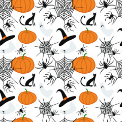 Vector Halloween seamless pattern with pumpkin, spider, cat and spiderweb