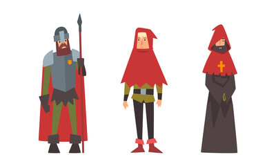 Medieval Knight with Spear and Priest in Hood Vector Set