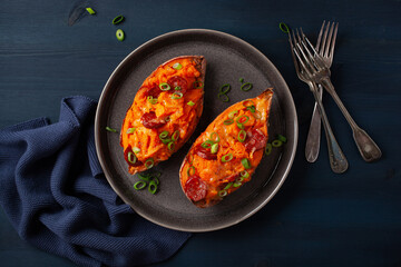 twice baked sweet potato with cheese and chorizo sausage