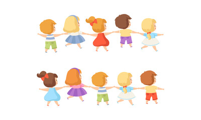 Little Children Holding Hands Walking and Having Fun Vector Set