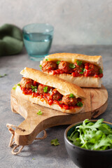meatball sub sandwich with cheese and marinara tomato sauce. american italian fast food