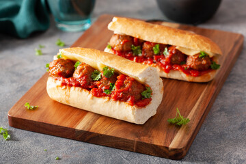 meatball sub sandwich with cheese and marinara tomato sauce. american italian fast food