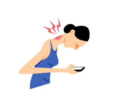 Woman hurting her neck bending over smart phone
