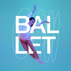 Portrait of beautiful graceful girl, ballerina dancing isolated on blue background in neon light....