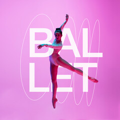 Portrait of beautiful graceful girl, ballerina dancing isolated on pink background in neon light....
