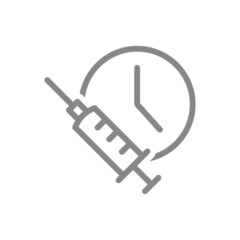 Fototapeta premium Medical syringe and watch line icon. Vaccination time, injection, worldwide immunity symbol