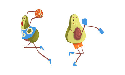 Cute Avocado Character Playing Basketball and Boxing Vector Set